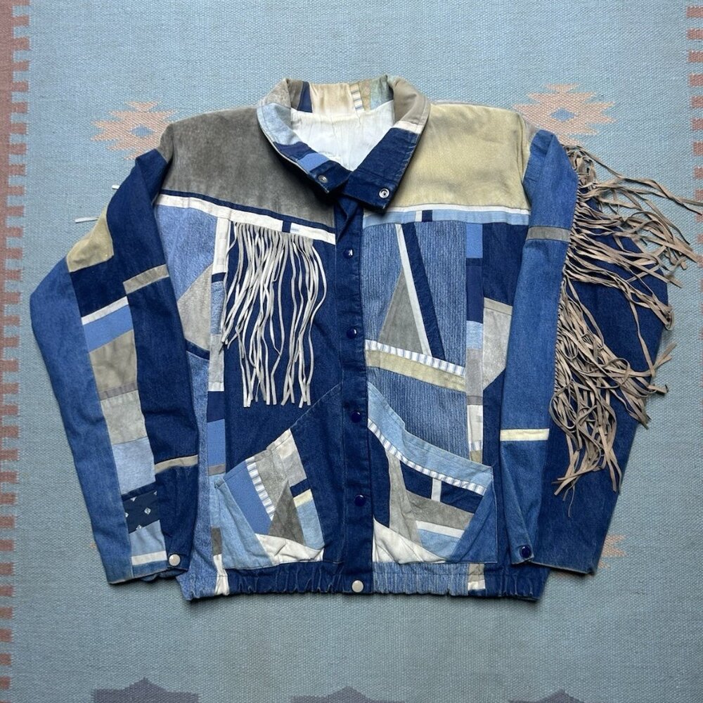 Vintage Santa Fe Recreations Patchwork Denim Jeans Jacket Leather Fringe Large